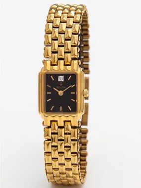 Bulova vintage Gold-Tone Bracelet Watch with Black Dial square women’s watch